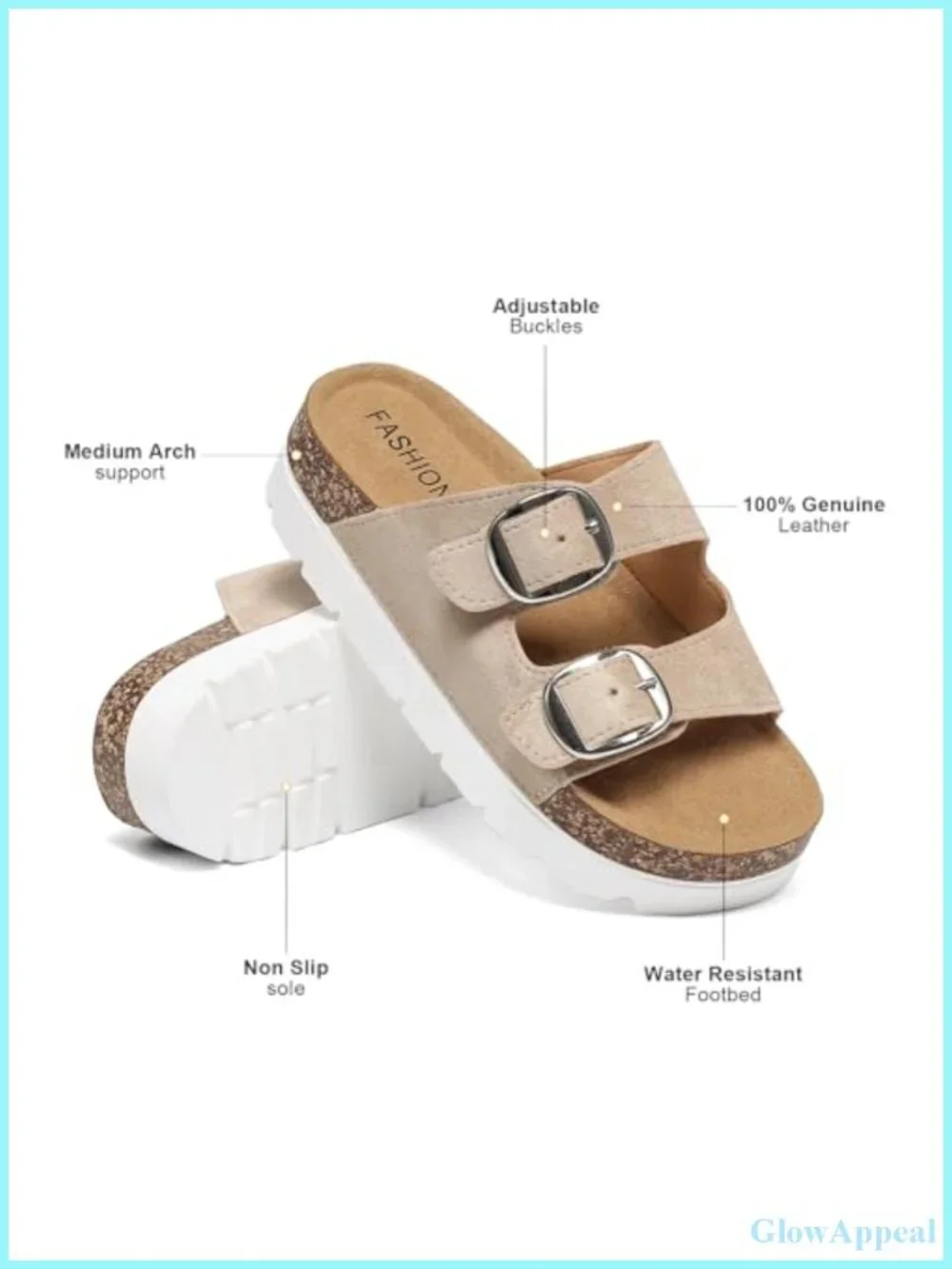 Platform Sandals Cork Footbed Slides Double Buckle Open Toe Women's Shoes